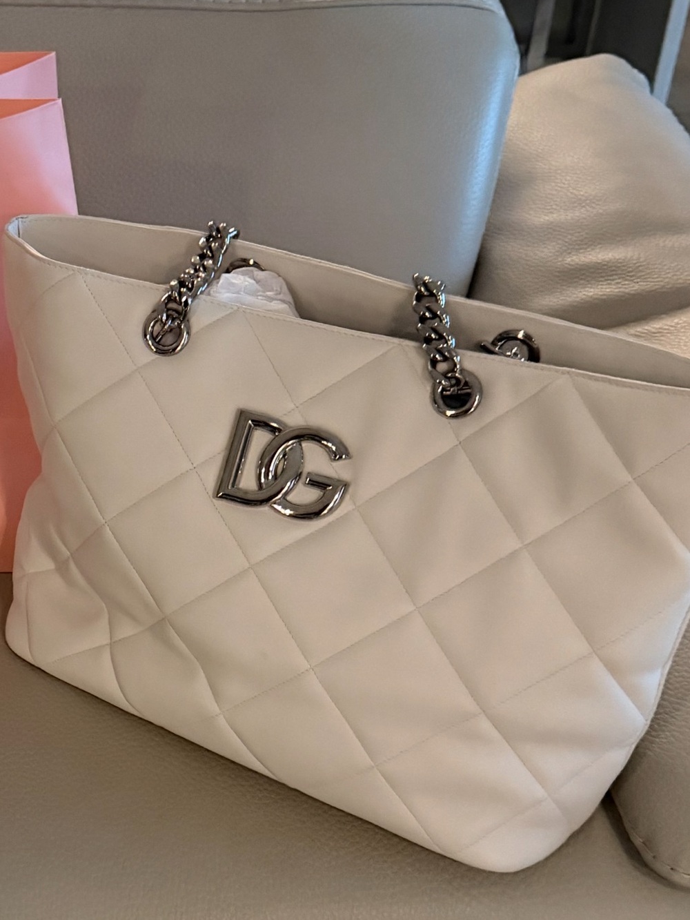 Dolce & Gabbana White Quilted Tote with Silver Chain Straps and DG Logo